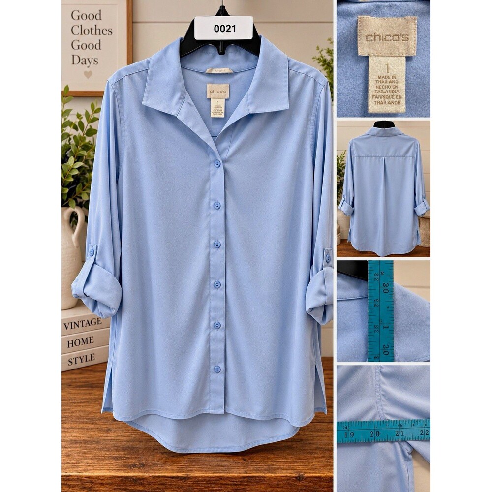 Chico's Blue Solid Button-Up Collared Roll Tab 3/4 Sleeve Blouse Size 8